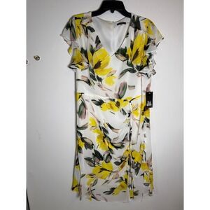 Jessica Rose Yellow Floral V-Neck Ruffle Sleeve Midi Dress  Womens 10 NEW